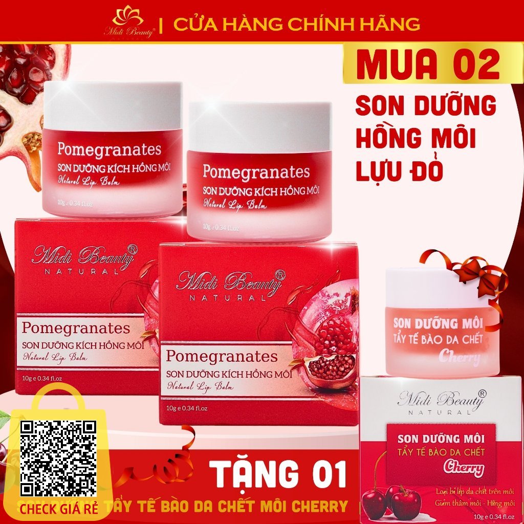 02 Son Dưỡng Hồng Môi Lựu Đỏ 10gr-Tặng 01 Son Dưỡng Tẩy Da Chết Môi Cherry 10gr Midi Beauty Natural