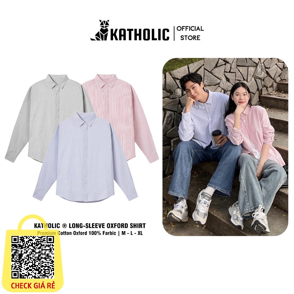 Áo Sơ Mi Kẻ Sọc Tay Dài Nam Nữ Hàn Quốc Local Brand KATHOLIC Chất Liệu Oxford Form Rộng 3 Màu Xám