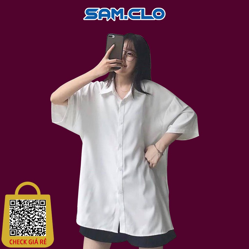 Áo sơ mi nữ SAM CLO tay lỡ đi học  thời trang học sinh, dáng ulzzang Hàn Quốc freesize form rộng TRẮNG TRƠN