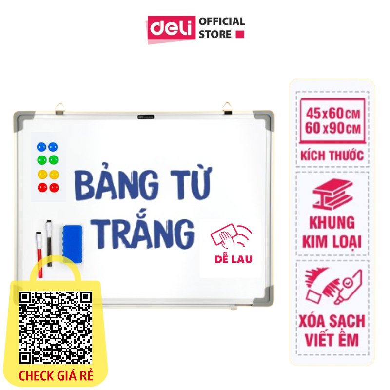 Bảng Từ Trắng Viết Bút Lông Viền Nhôm Hút Nam Châm Có Khay Đỡ Deli Easyboard Học Sinh Văn Phòng Dùng Cho Giảng Dạy