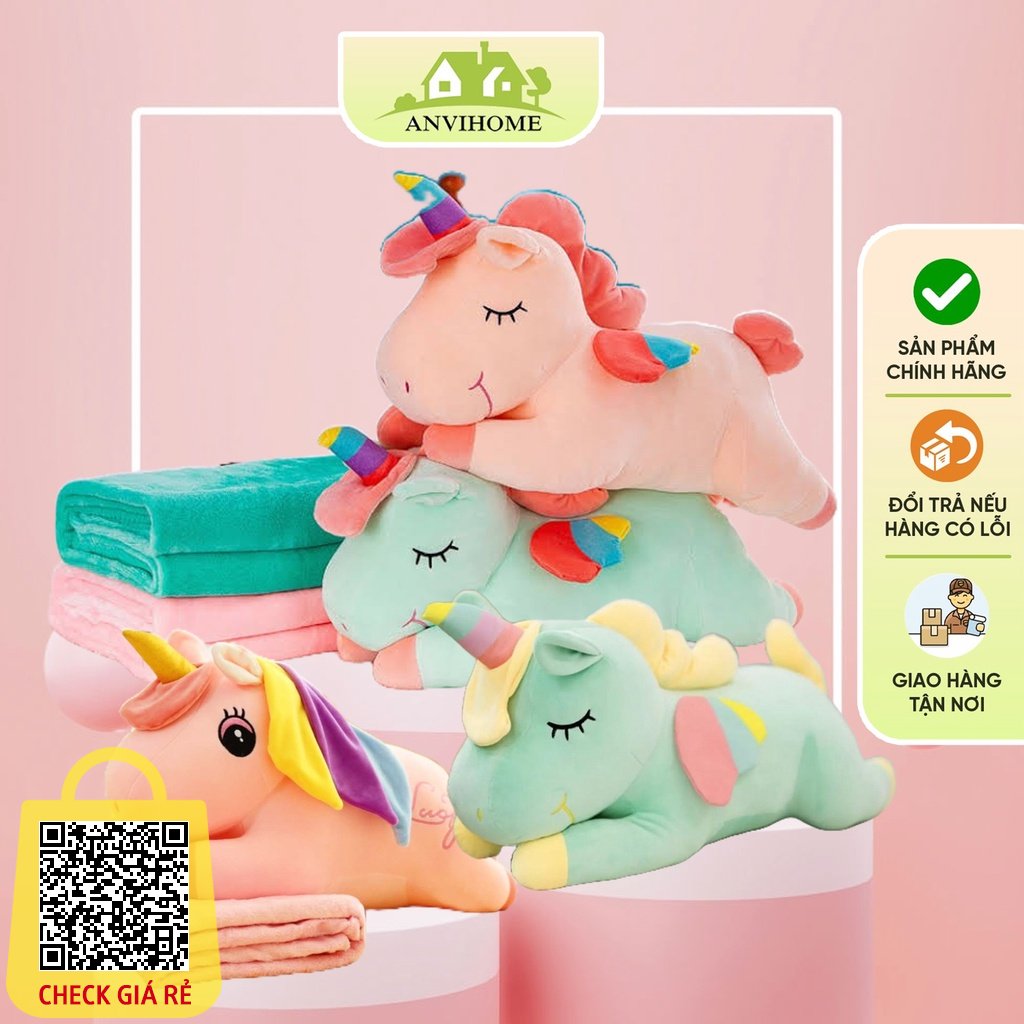 Bộ chăn gối văn phòng Gối mền văn phòng hình Pony ngựa unicorn ANVIHOME kèm mền siêu đáng yêu