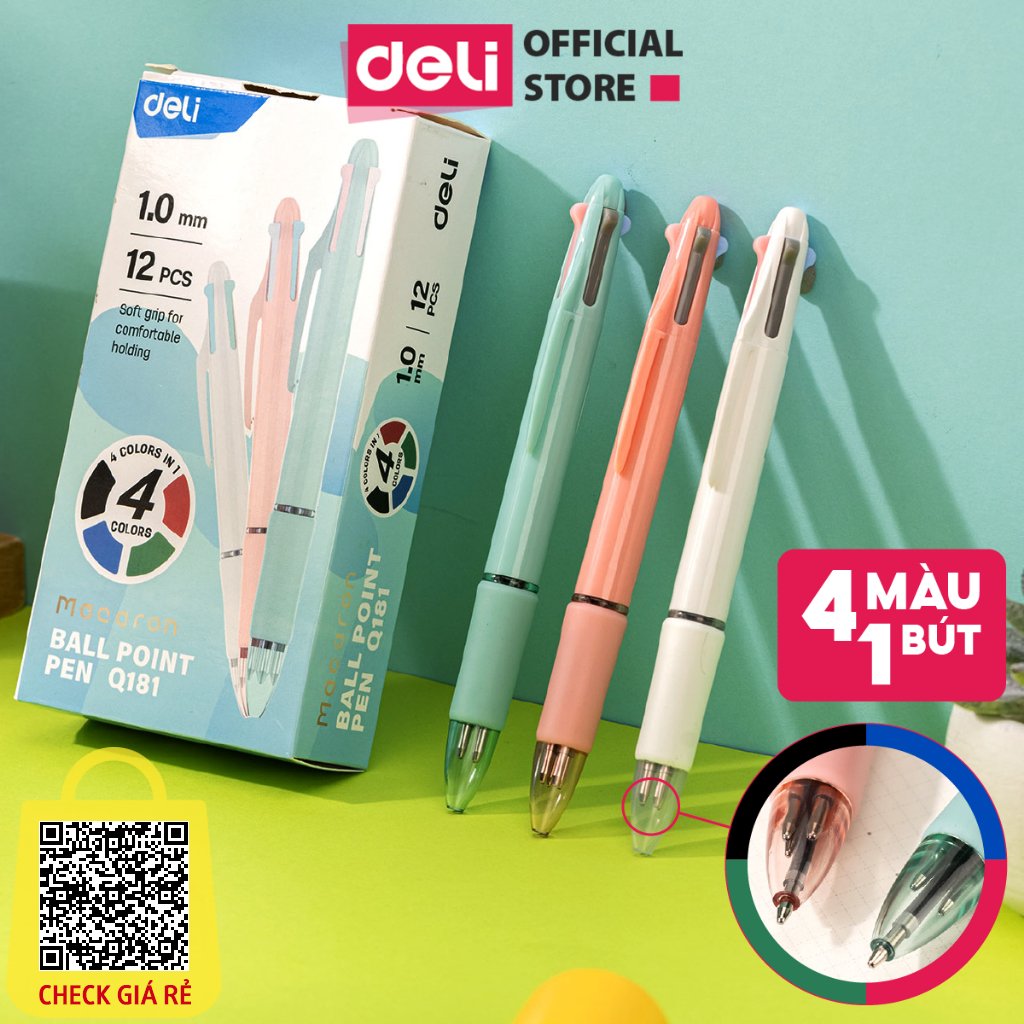 Bút Bi Bấm Nhiều Màu 4in1 Chính Hãng Deli - Thiết Kế Màu Pastel Nét Mực Trơn Tru Nhanh Khô Ngòi Bi 1mm Siêu Êm Ái