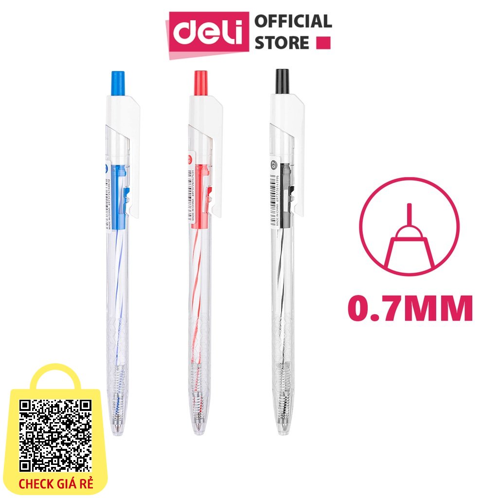 Bút Bi Bấm Văn Phòng DELI Mực Xanh Đen Đỏ Ngòi 0.7mm Giá Rẻ Viết Nét Đều Trơn Tru Phù Hợp Cho Học Sinh EQ24