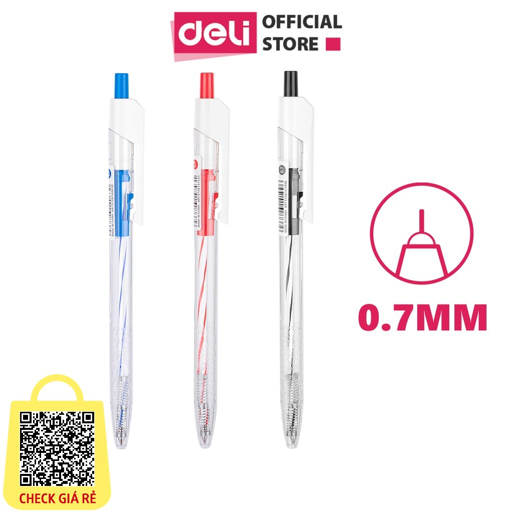 Bút bi bấm văn phòng mực xanh đen đỏ ngòi 0.7mm Deli giá rẻ viết nét đều trơn tru phù hợp cho học sinh EQ24