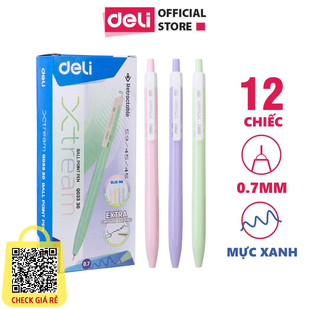 Bút bi bấm văn phòng mực xanh ngòi 0.7mm Deli giá rẻ viết nét đều trơn tru EQ03330