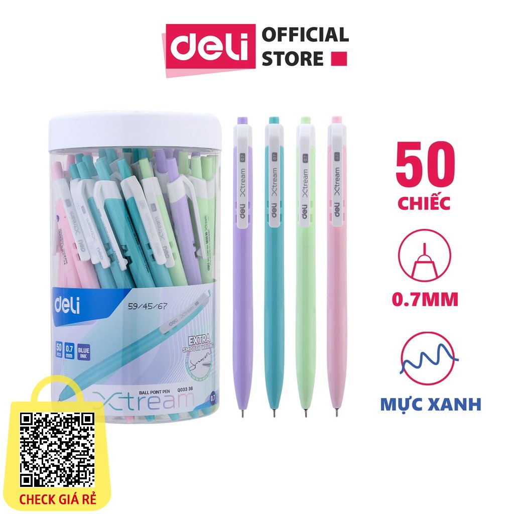 Bút bi bấm văn phòng mực xanh ngòi 0.7mm Deli giá rẻ viết nét đều trơn tru phù hợp cho học sinh EQ03336