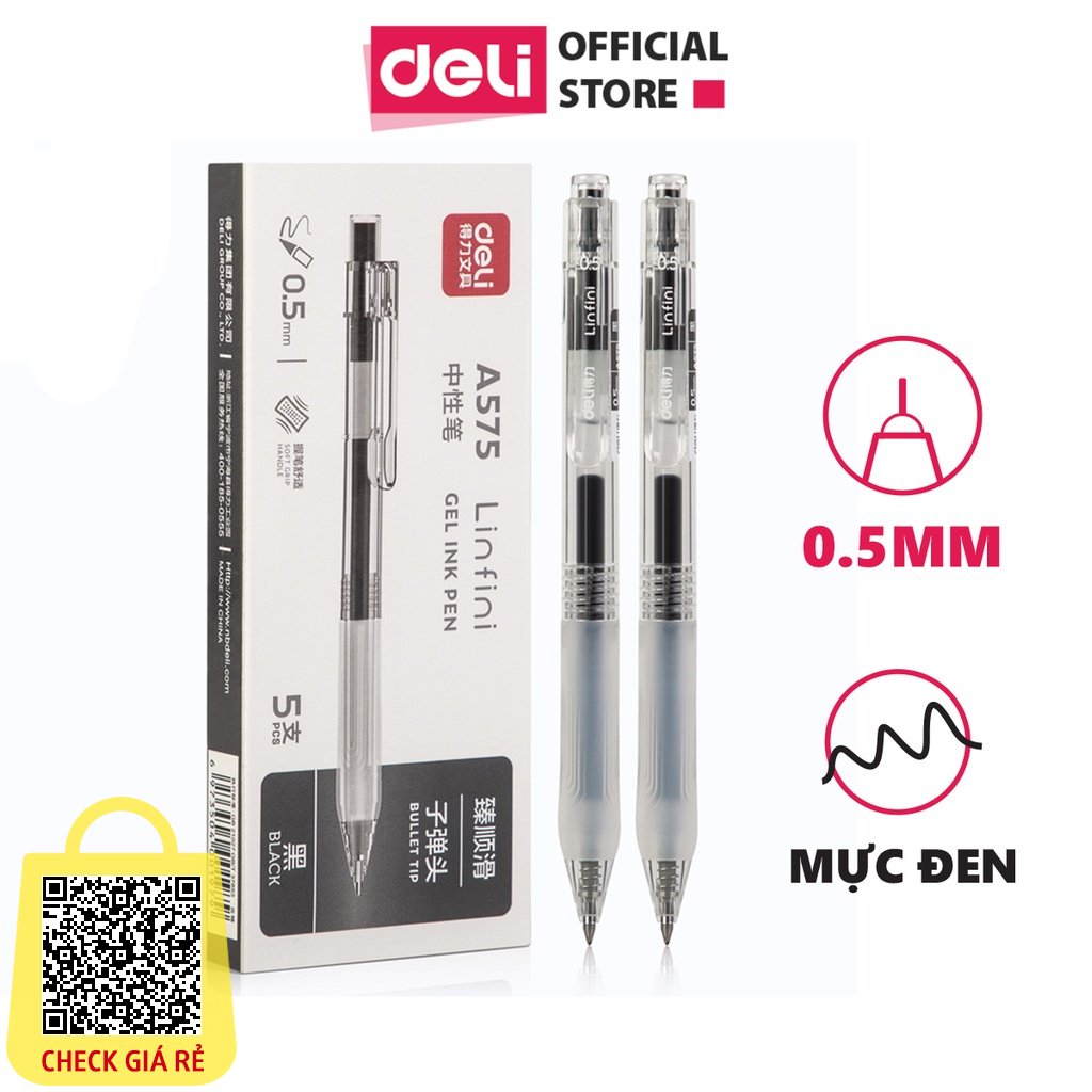 Bút bi gel bấm văn phòng Deli mực đen ngòi 0.5mm học sinh mực đều nét chữ đẹp A575 có ruột xanh thay thế 1 chiếc