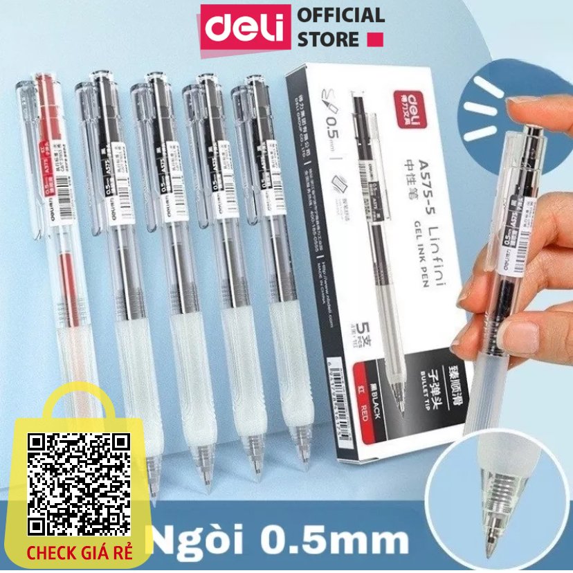 Bút bi nước bút gel bút mực bấm văn phòng Deli mực đen ngòi 0.5mm học sinh mực đều A575 - có ruột thay thế