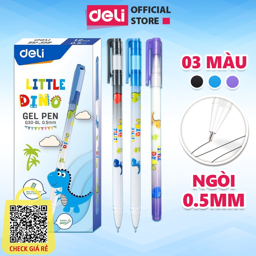 Bút bi nước học sinh mực gel xanh đen 0.5mm Deli họa tiết khủng long nhanh khô viết đều trơn tru chất lượng an toàn EG30