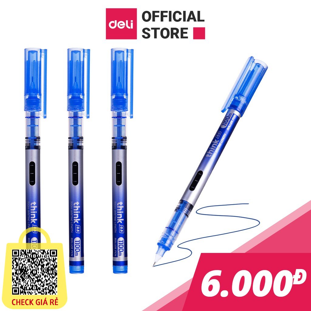 Bút Bi Nước Khô Nhanh Deli Ngòi 0.5mm Nét Viết Trơn Tru - Có Vạch Mực Và Nắp Đậy Ghi Chép Văn Phòng - Ký Tên EQ300-BL