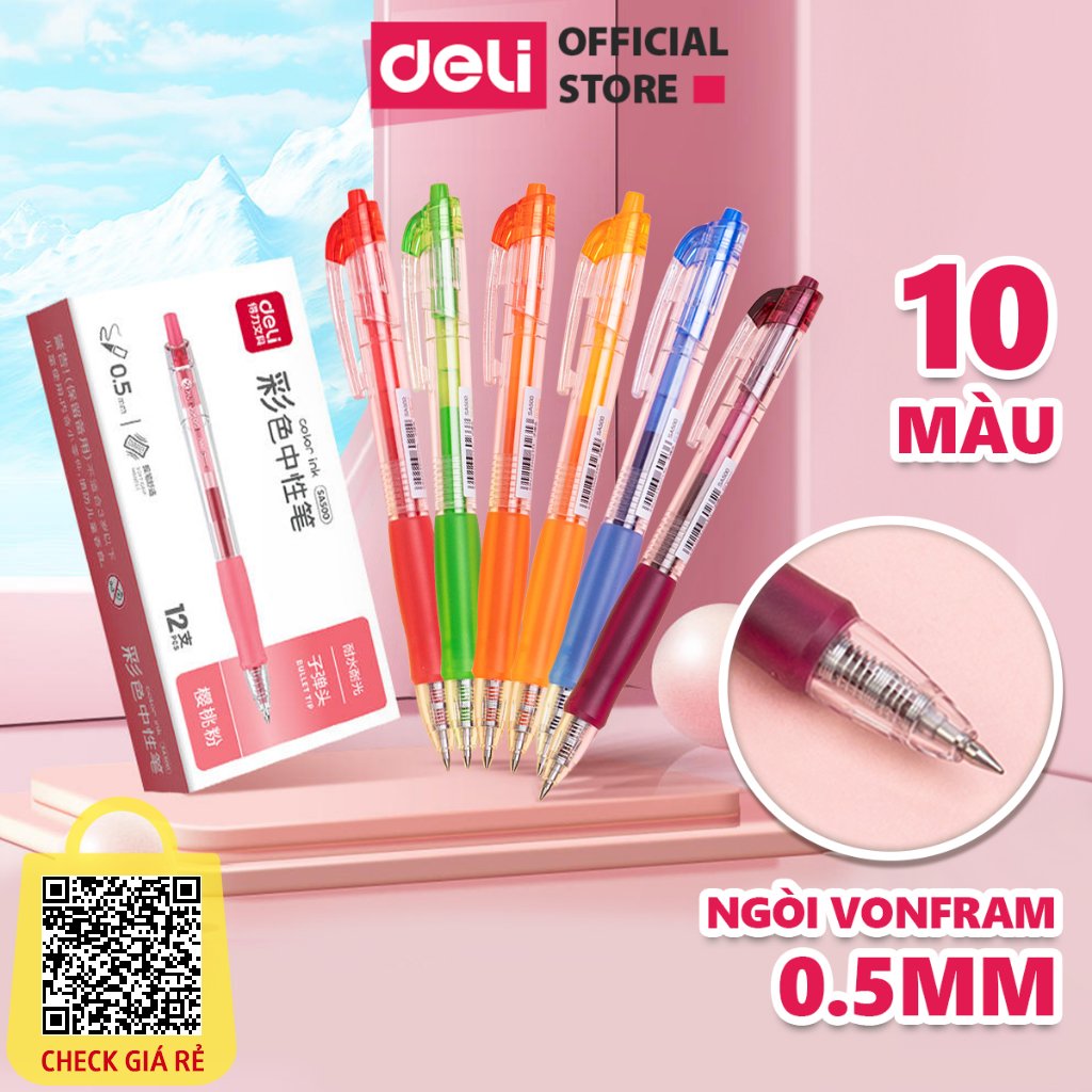 Bút Bi Nước Mực Gel 10 Màu Chính Hãng Deli - Ngòi 0.5mm Mực Trơn Tru Nét Đều Nhanh Khô Trang Trí Vở Viết