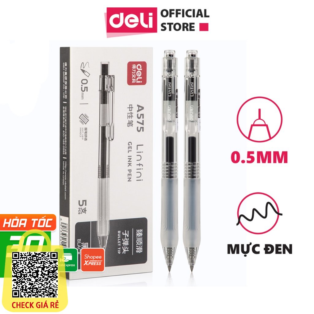 Bút Bi Nước Mực Gel Ngòi 0.5mm Màu Đen Deli Thiết Kế Vỏ Trong Suốt Dành Cho Văn Phòng Sinh Viên Học Sinh A575 Có Ruột