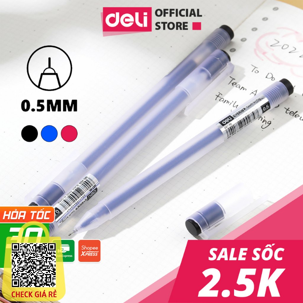 Bút Bi Nước Mực Gel Nhanh Khô 3 Màu Đen Xanh Đỏ Deli Ngòi 0.5mm Viết Bi Nước Văn Phòng Sinh viên Học Sinh