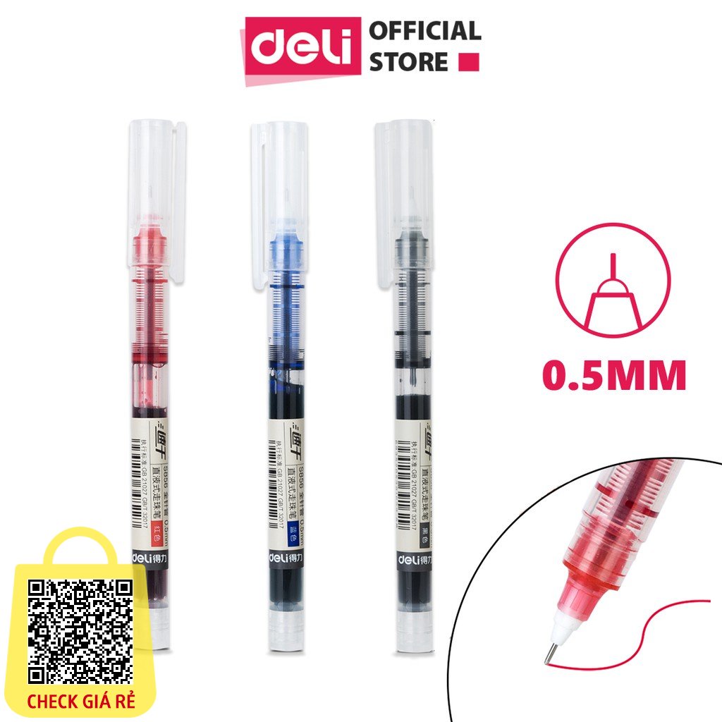 Bút bi nước mực gel nhanh khô ngòi 0.5mm Deli viết thư pháp cho học sinh văn phòng màu xanh đen đỏ ống mực liền S856