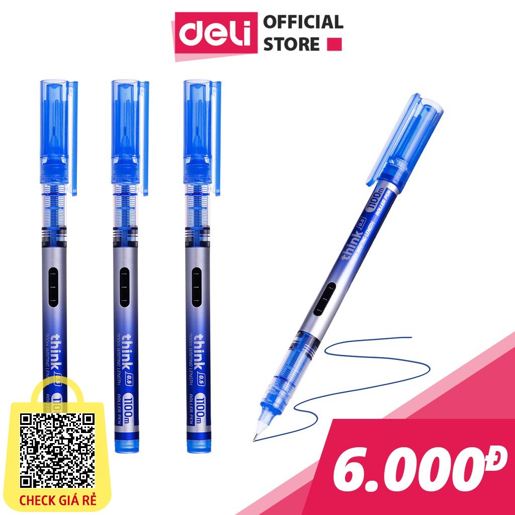 Bút bi nước mực gel xanh nắp đậy ngòi 0.5mm Deli nhanh khô lâu hết mực tiện lợi viết đều trơn tru chất lượng cao EQ300