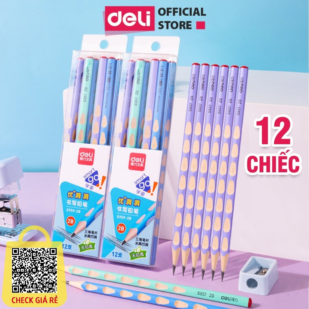 Bút Chì Gỗ Định Vị 2B Deli Hộp 12 Dễ Cầm Điều Chỉnh Tư Thế Viết Học Sinh Luyện Chữ Vẽ Phác Thảo Văn Phòng An Toàn