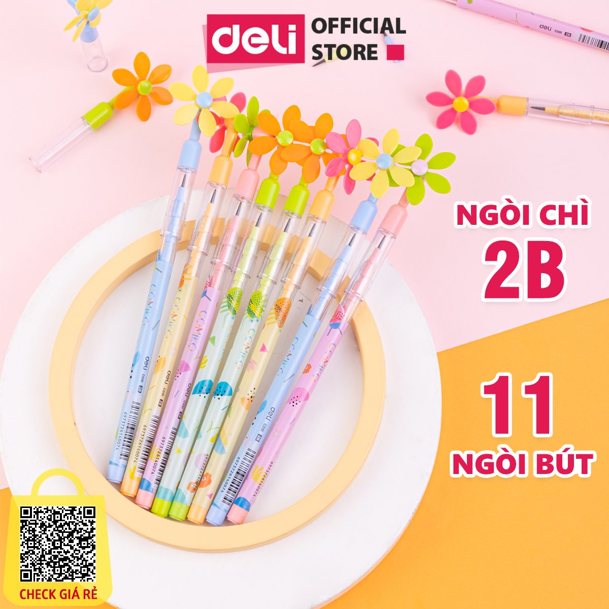 Bút chì khúc học sinh HB Deli kèm quạt Họa tiết hoạt hình cho bé tập viết - an toàn với trẻ nhỏ Màu ngẫu nhiên