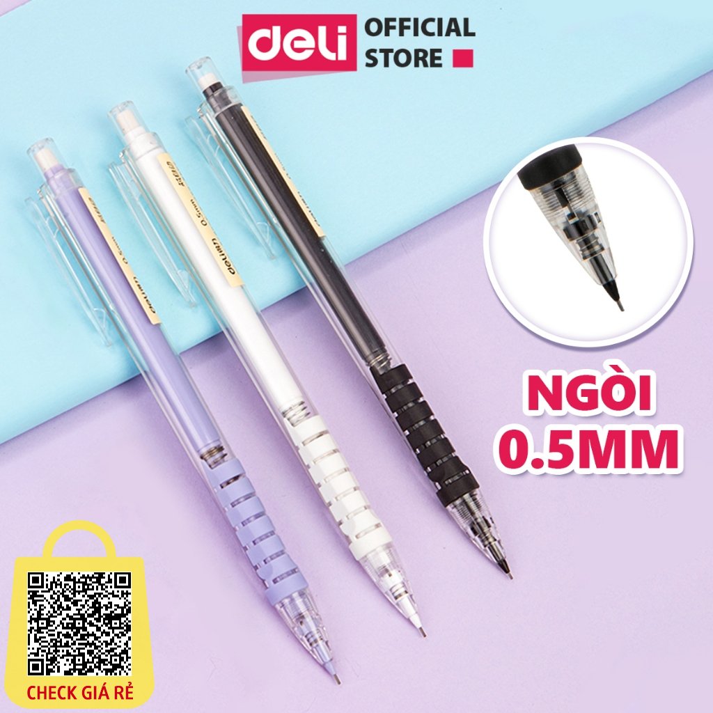 Bút chì kim bấm Deli ngòi 0.5mm màu pastel dễ thương cao cấp cải tiến có đầu tẩy cho học sinh văn phòng nhỏ gọn tiện lợi