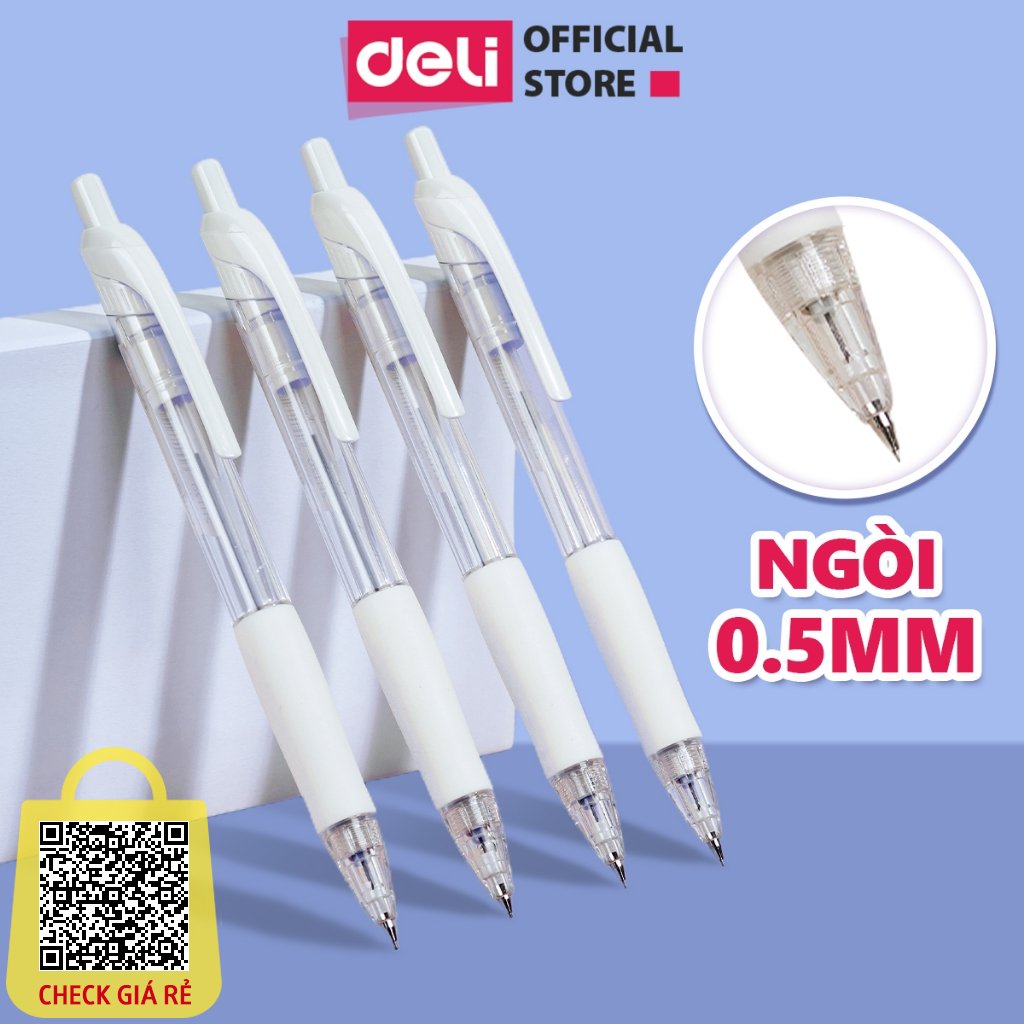 Bút chì kim bấm Deli ngòi 0.5mm màu trắng dễ thương cao cấp cải tiến có đầu tẩy cho học sinh văn phòng nhỏ gọn tiện lợi