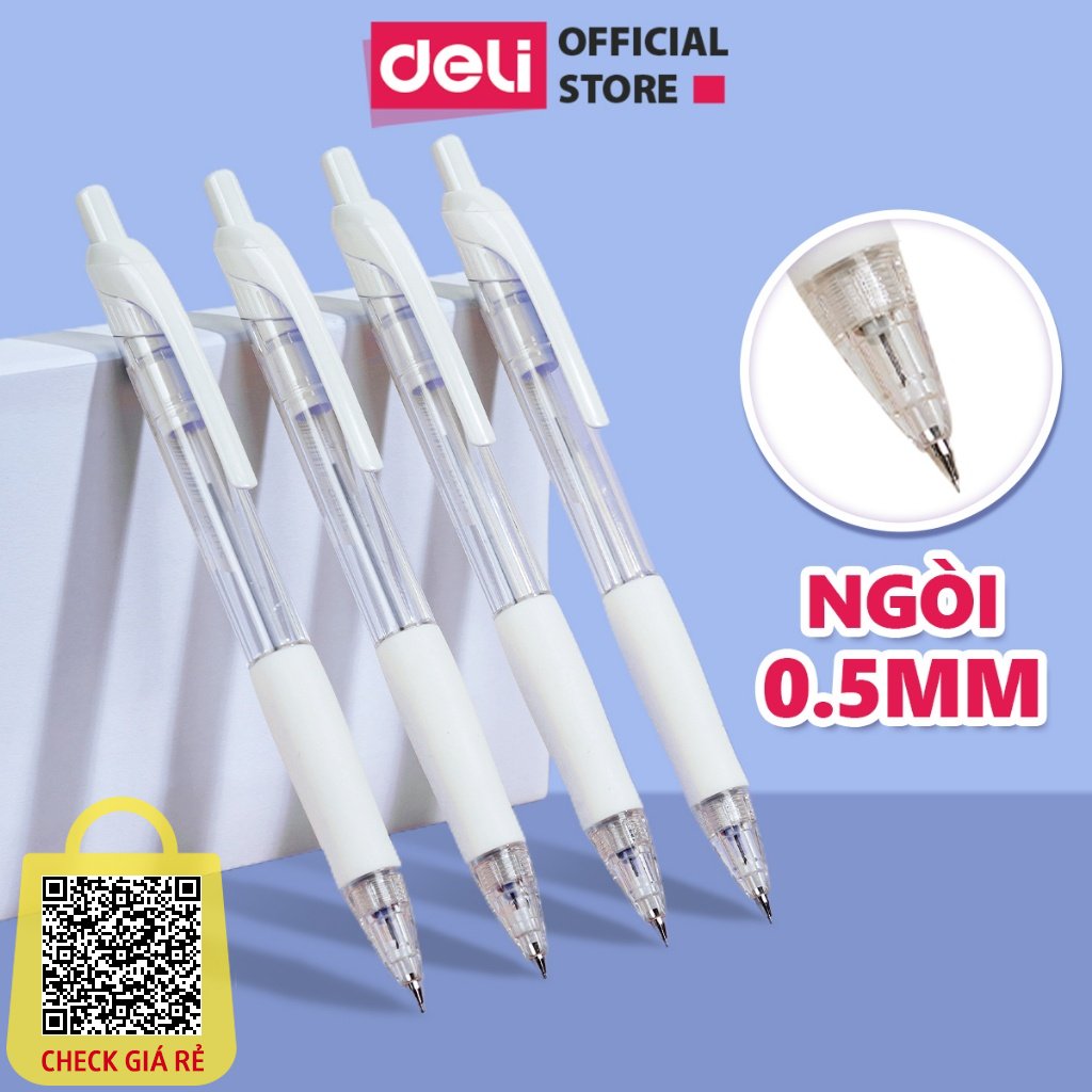 Bút Chì Kim Cơ Học Bấm Deli Ngòi 0.5mm Màu Trắng Dễ Thương Cao Cấp Cải Tiến Có Đầu Tẩy Cho Học Sinh Văn Phòng Muji