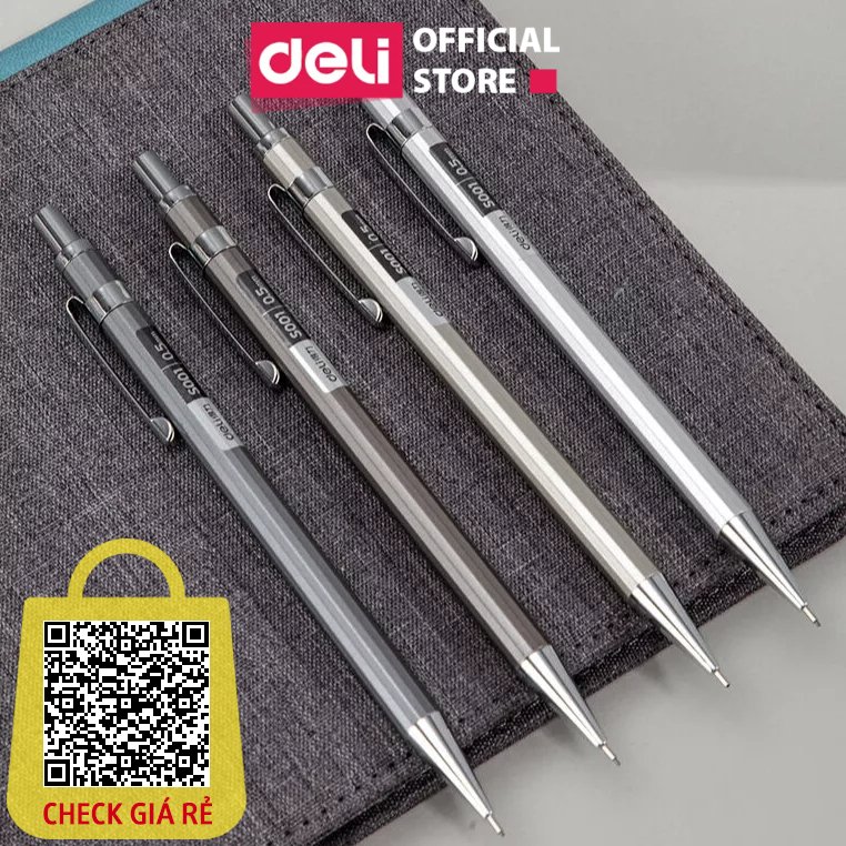 Bút chì kim học sinh Deli kèm đầu tẩy Ngòi 0.5/0.7mm Vỏ kim loại không hao mòn chống gỉ bảo vệ ngòi chì khi sử dụng