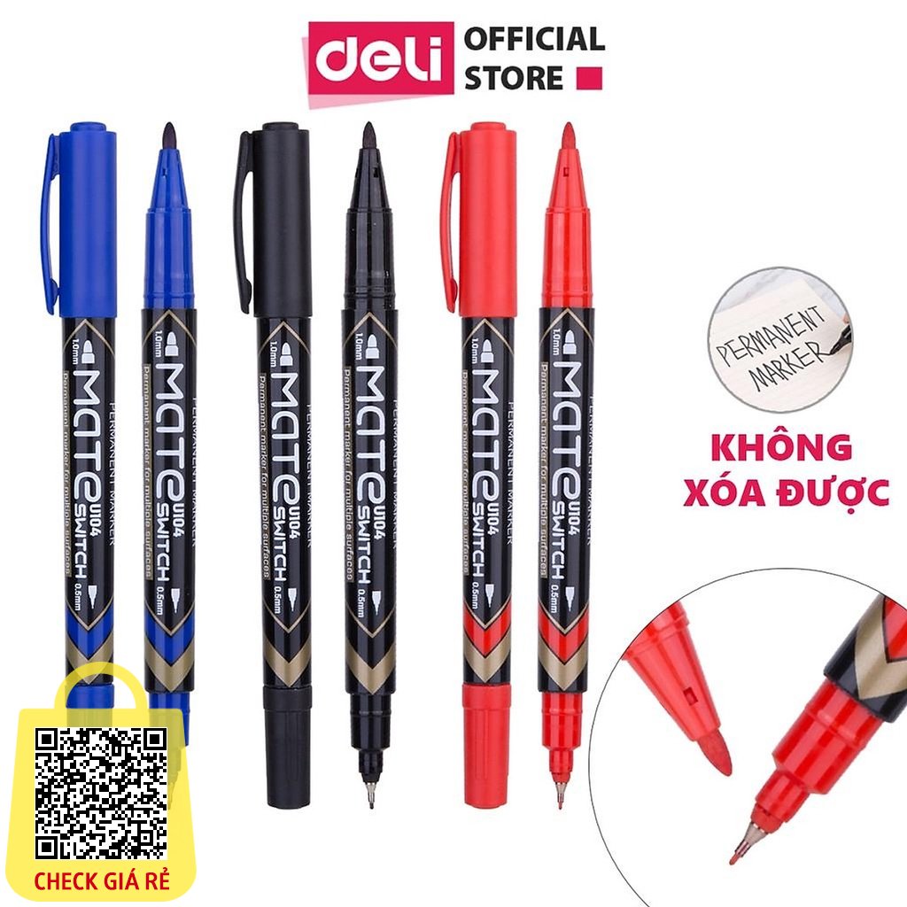 Bút dạ kính 2 đầu Deli không xóa được - mực vĩnh cửu Mực Đen/Xanh/Đỏ 1 cây/hộp EU10420 / EU10430 / EU10440