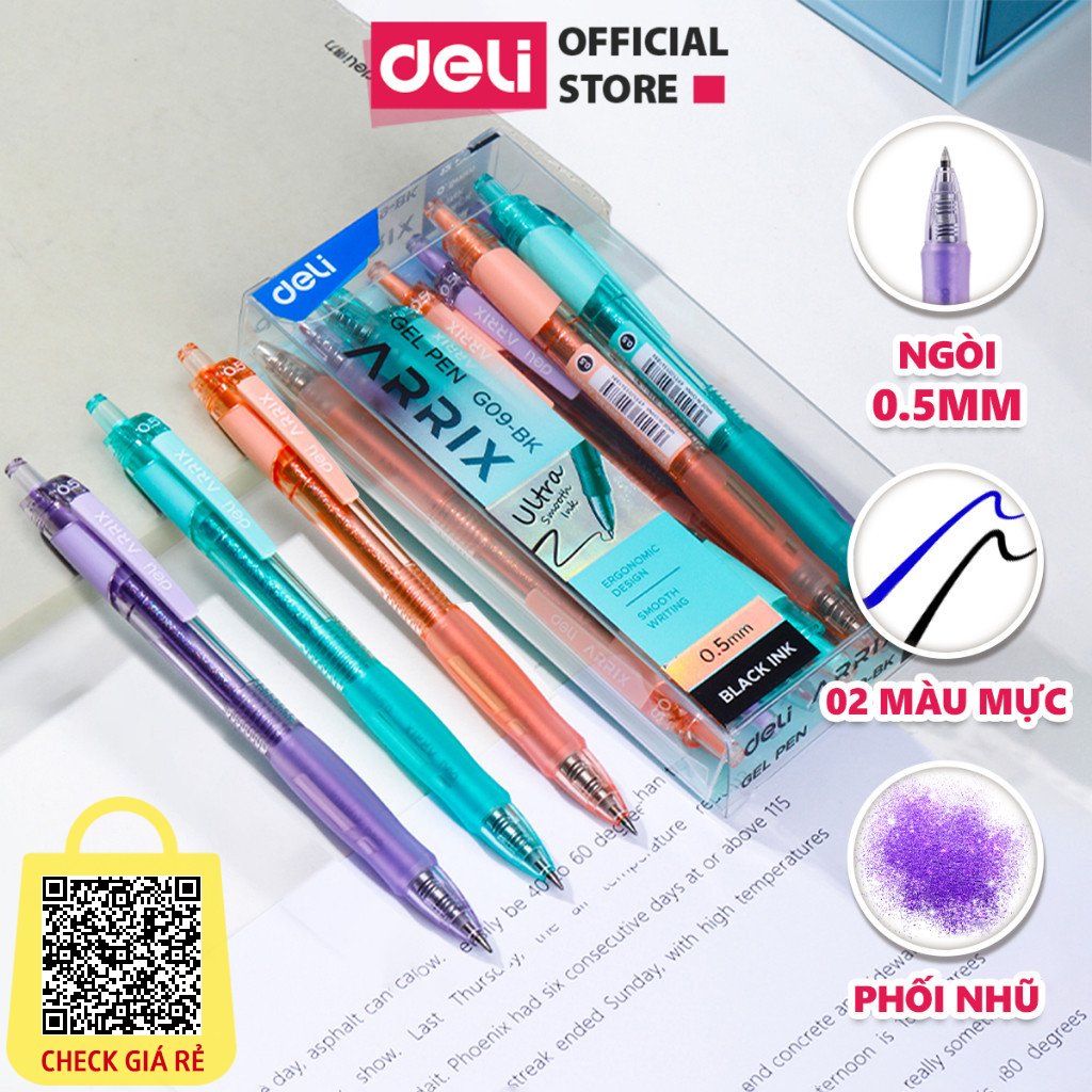 Bút Gel Bút Bi Nước Màu Pastel Phối Nhũ Ngòi 0.5mm Deli Bút Bi Nước Mực Đều Viết Trơn Tru Văn Phòng Phẩm Cao Cấp