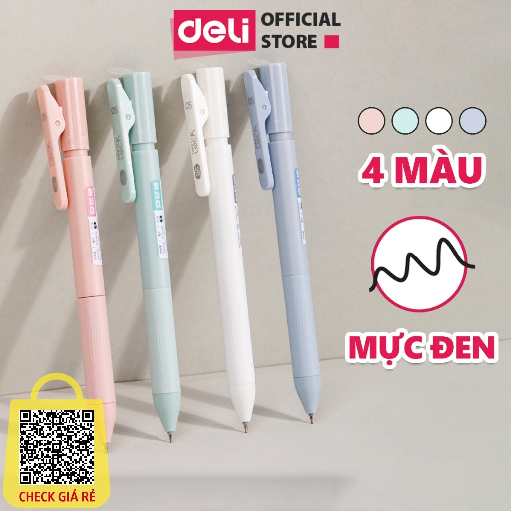 Bút gel dạng bấm mực đen thiết kế mới tự động khóa ngòi Deli Bút bi mực nước ngòi 0.5mm màu pastel văn phòng phẩm Deli