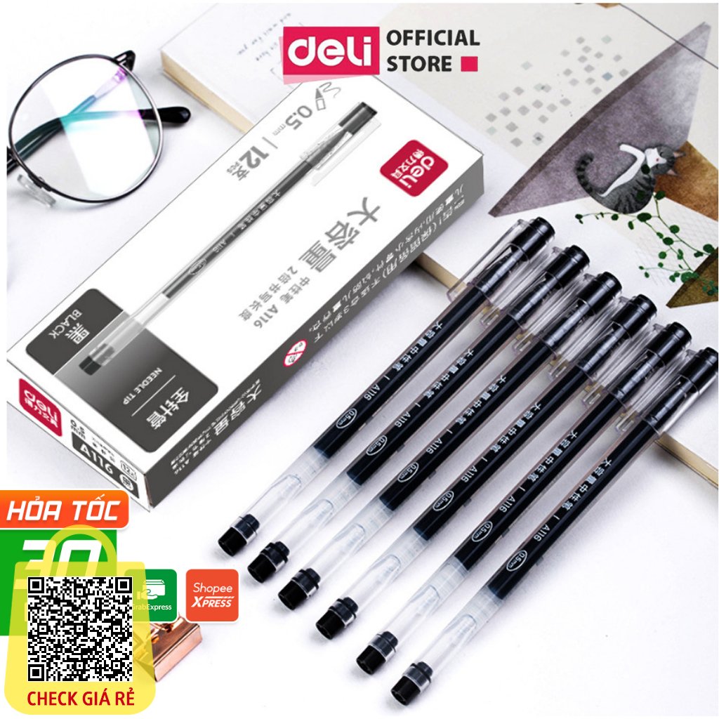 Bút gel mực nước văn phòng 0.5mm Deli ba màu xanh đen đỏ nhanh khô viết đều trơn tru lâu hết mực chất lượng cao A116