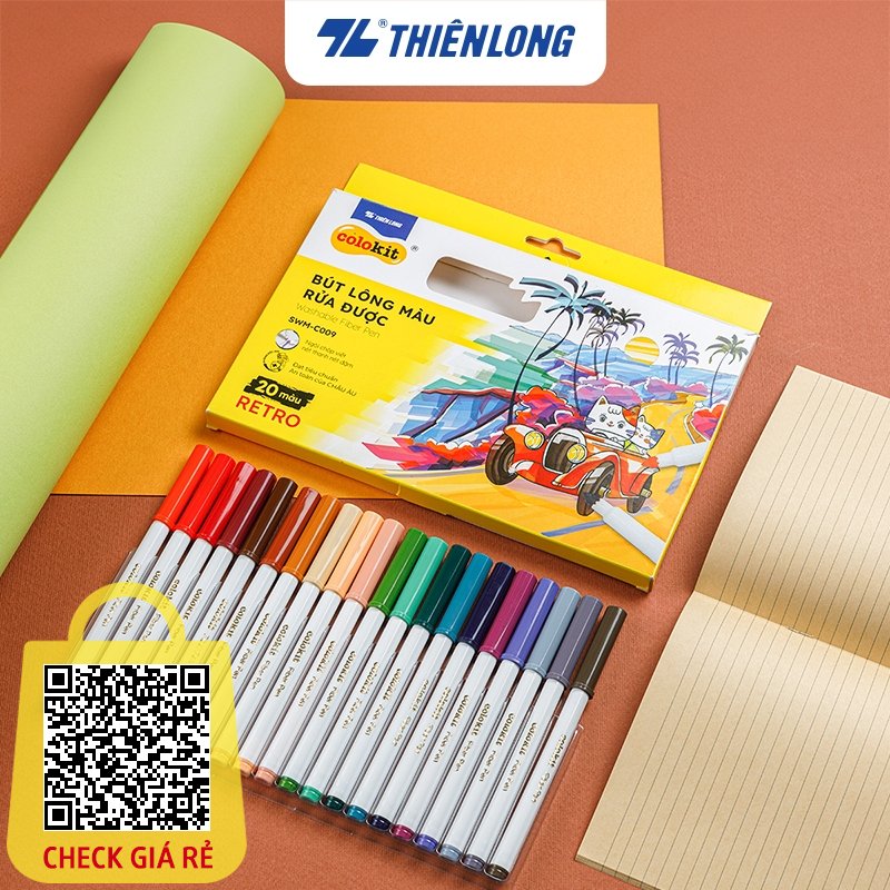 Bút lông màu Fiber Pen 20 màu Retro Thiên Long Colokit rửa được ngòi chóp viết nét thanh nét đậm SWM-C009