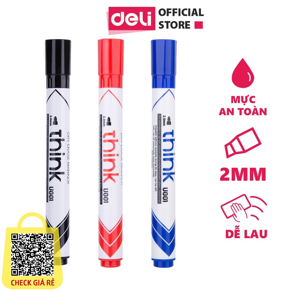 Bút Lông Viết Bảng Trắng Xóa Được Deli 3 Màu Đen Xanh Đỏ Bút Viết Trơn Mượt Tiện Dụng An Toàn Không Độc Hại EU00120