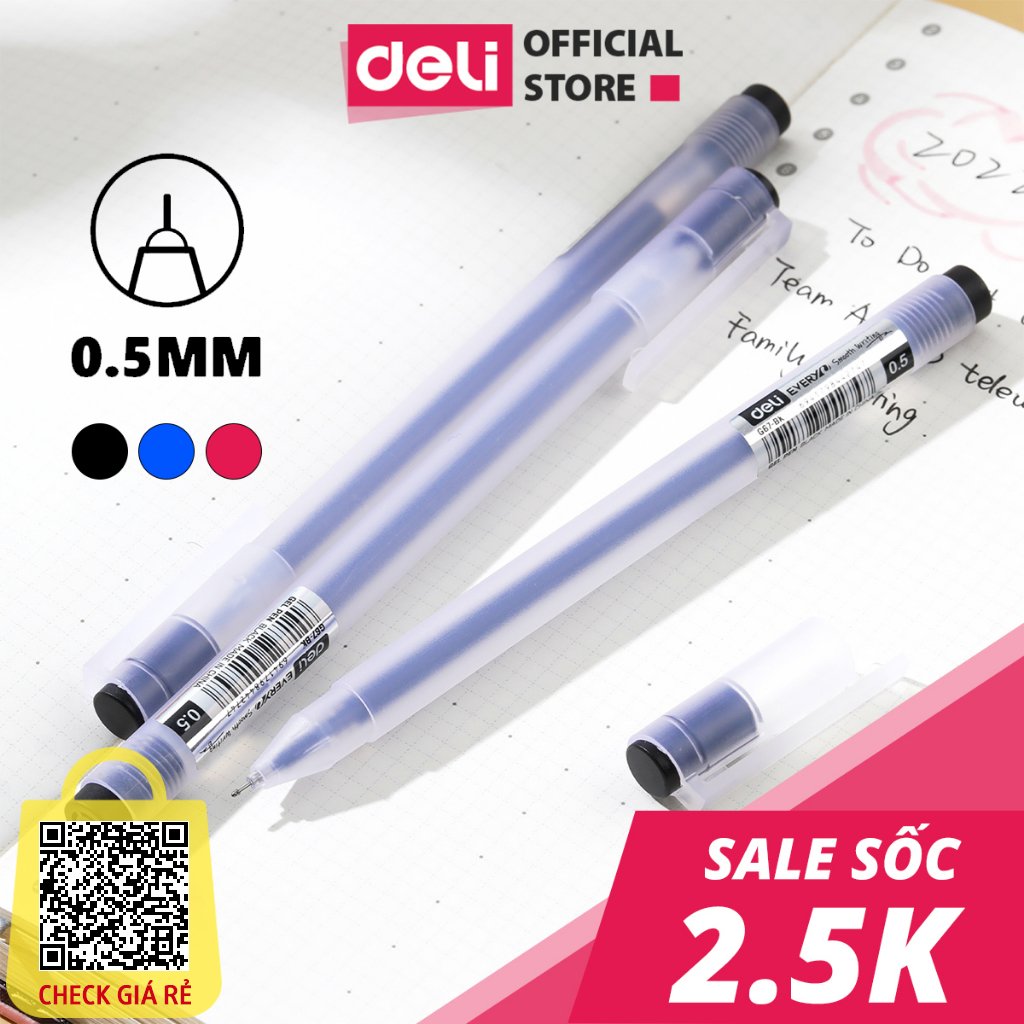 Bút Mực Gel Bi Nước Văn Phòng 3 Màu Đen Xanh Đỏ Deli Ngòi 0.5mm Dành Cho Văn Phòng Sinh viên Học Sinh