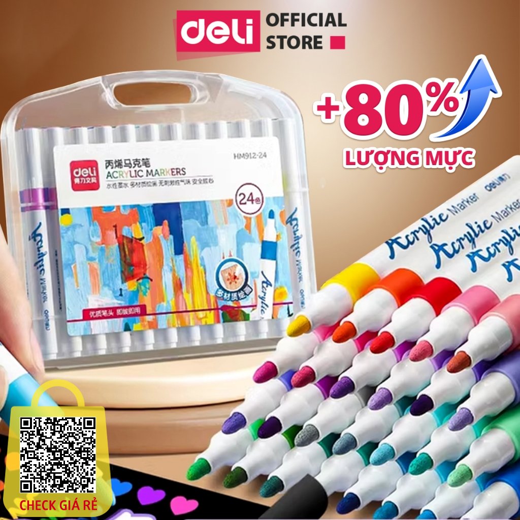 Bút Sơn Acrylic Marker Deli THÊM 80% MỰC 12/24/36/48/64 Màu Tô Trên Mọi Chất Liệu DIY Vẽ Giày Vải Chai Lọ Nhựa