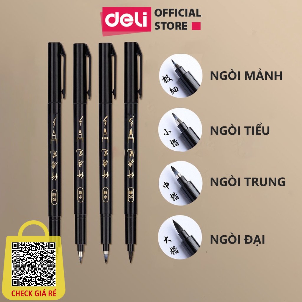 Bút viết thư pháp chữ Hán Calligraphy Deli bút lông brush pen bốn kích cỡ ngòi - có thể đổ thêm mực chuyên luyện viết