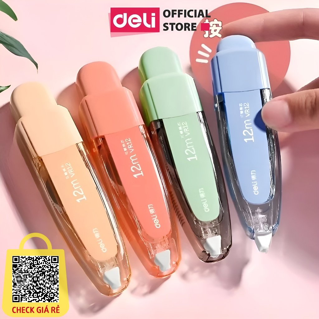 Bút Xóa Băng Có Nút Bấm 12M Deli Xóa Sạch Phủ Kín Khô Nhanh Viết Đè Lên Ngay Băng Xoá Kéo Cho Học Sinh Văn Phòng