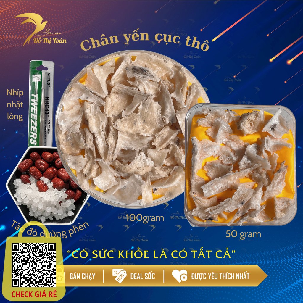 Chân tổ yến thô cục - Yến sào Đỗ Thị Toán (hộp 50 gram / 100 gram) - có kèm đồ chưng- yến sào nguyên chất