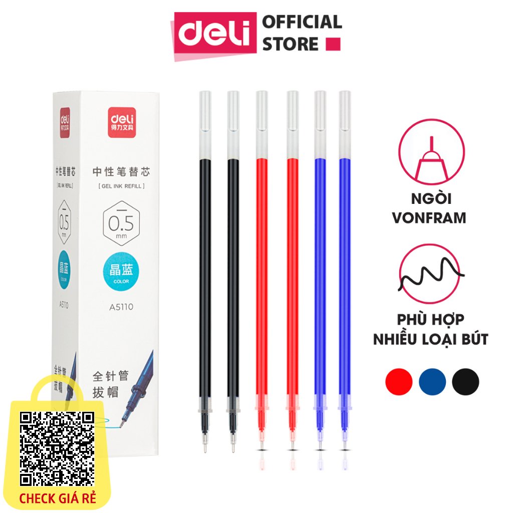 Combo 10 ngòi bút bi nước mực gel ngòi 0.5mm Deli nhanh khô nét viết trơn tru lâu hết mực chất lượng cao A5110