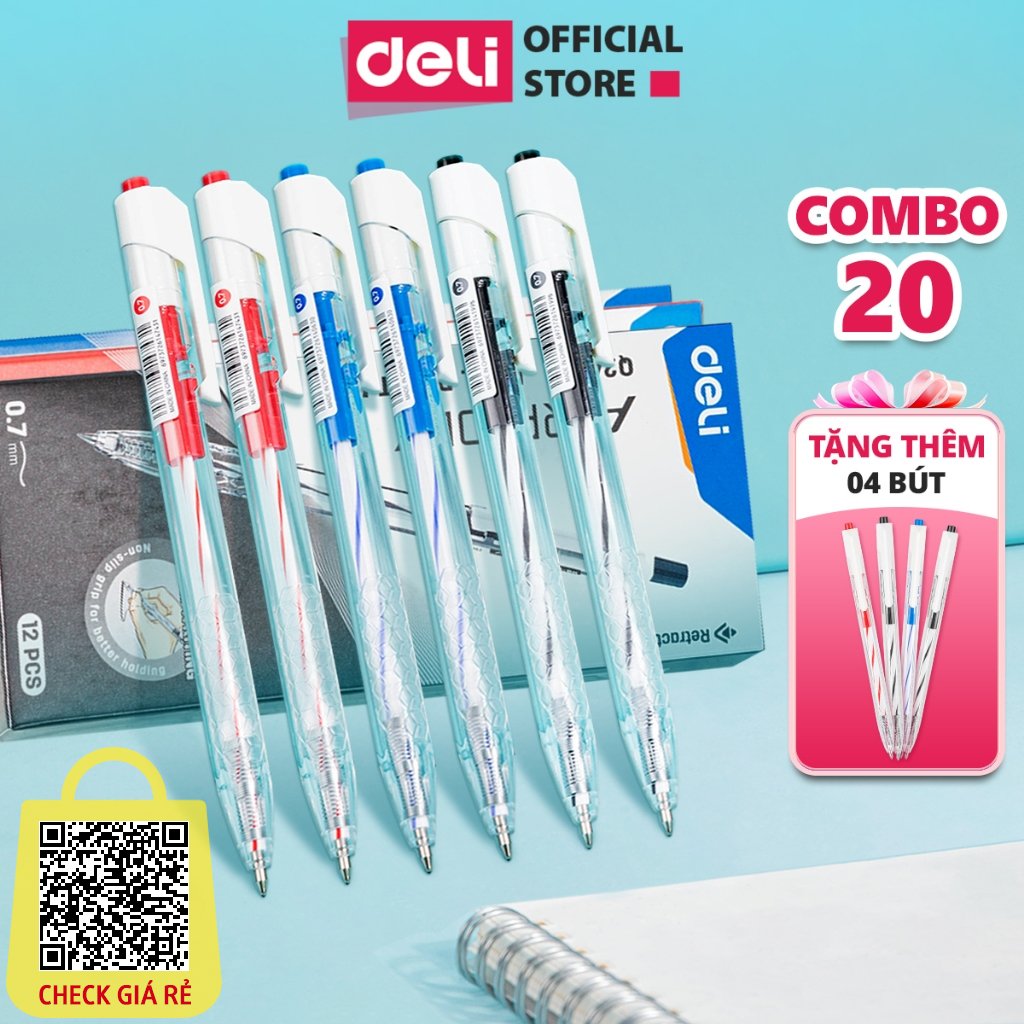 Combo 20 Bút Bi Bấm Deli Mực Xanh/Đen Giá Rẻ Chất Lượng Cao Thiết Kế Vỏ Trong Suốt Ngòi 0.5-0.7mm