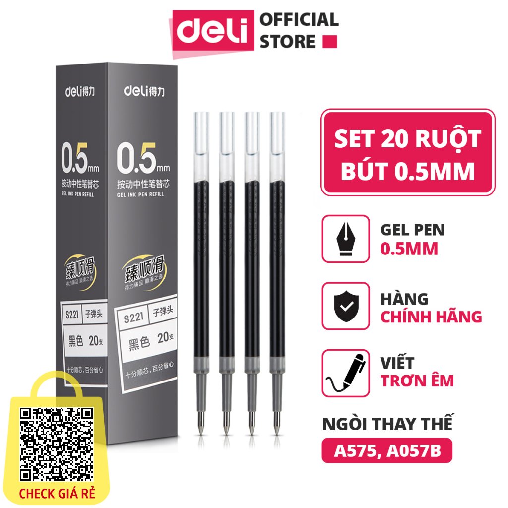 Combo 20 ruột bút gel S221 Deli 0.5mm dùng cho bút bi nước A575 không gai viết trơn tru phù hợp học sinh văn phòng