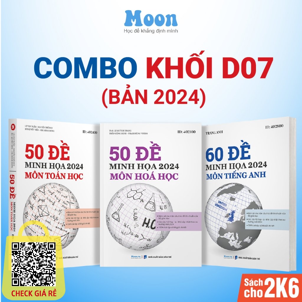 Combo 3 sách Bộ đề minh họa khối D07 ôn luyện thi THPTQG 2024 Môn Toán - Hóa - Anh Moonbook - Sách ID