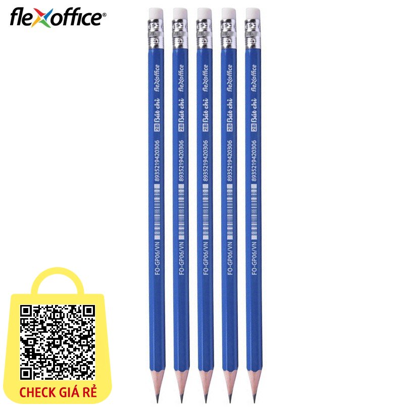 Combo 5 Bút chì gỗ 2B Flexoffice FO-GP06/VN thân lục giác - có gôm - dễ dàng bôi xóa - chì ra đều mịn - cho cảm giác viết êm