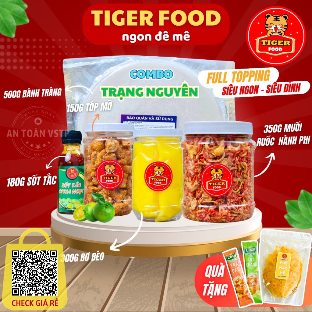 COMBO Bánh tráng phơi sương 1kg TIGER FOOD Bánh Tráng + Muối Tôm Hành Phi + Bơ béo + Tóp Mỡ + Sốt tắc FREESHIP Đồ ăn vặt