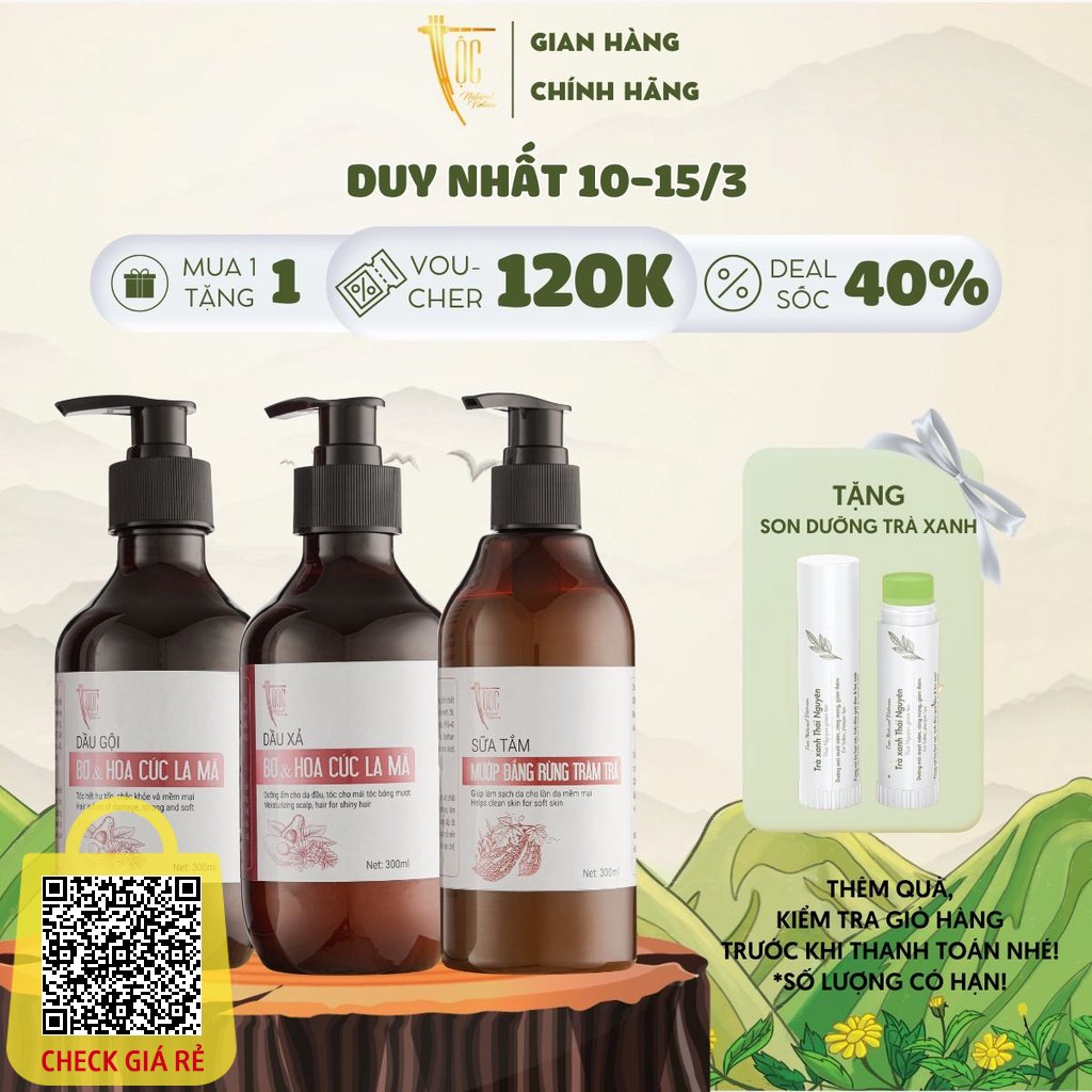 Combo chăm sóc toàn diện TỘC Natural Dầu gội - Dầu xả Bơ & Hoa cúc La Mã 300ml & Sữa tắm Mướp đắng tràm trà 300ml