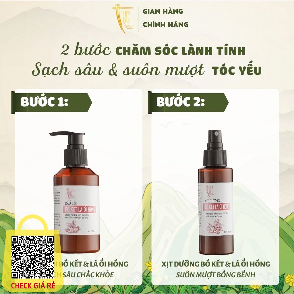 Combo Dầu gội 150ml và Xịt dưỡng tóc 150ml bồ kết & lá ổi hồng TỘC Natural giảm rụng tóc và kích thích mọc tóc