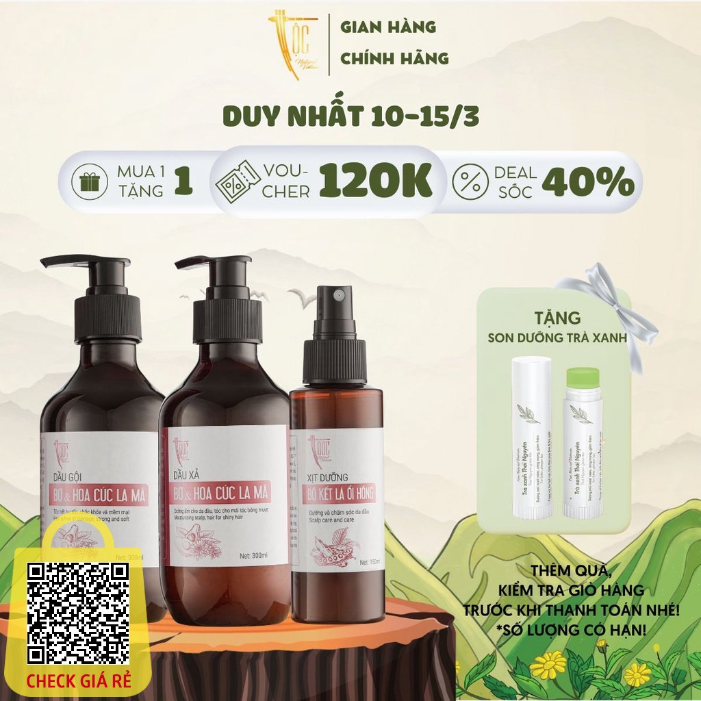 Combo Dầu gội - Dầu xả Bơ Hoa cúc La Mã 300ml & Xịt dưỡng Bồ kết Lá ổi hồng 150ml TỘC Natural phục hồi hư tổn