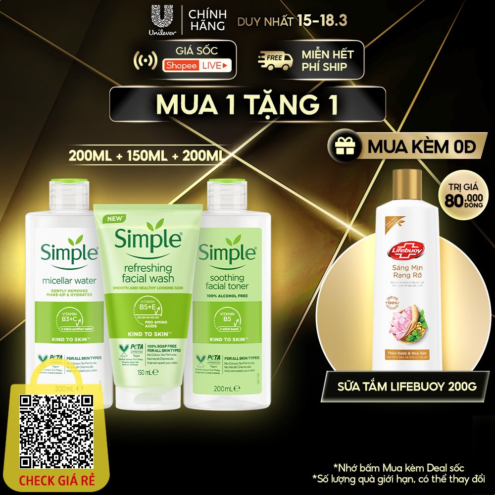 Combo Simple Tẩy trang 200ml + Sữa rửa mặt 150ml + Nước hoa hồng 200ml cho da sạch khỏe đàn hồi [CHÍNH HÃNG ĐỘC QUYỀN]