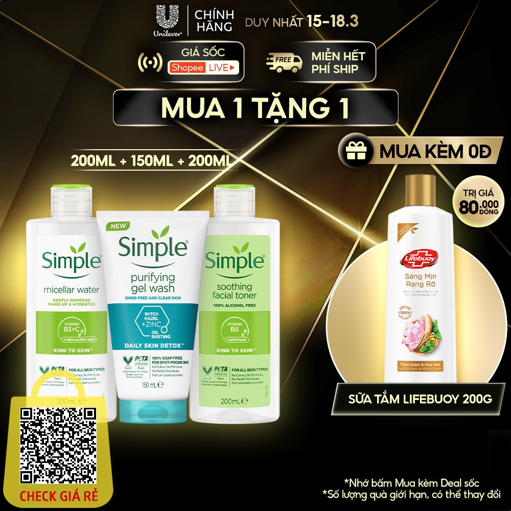 Combo Simple Tẩy trang Micellar 200ml + Sữa rửa mặt 150ml + Nước hoa hồng 200ml ngừa mụn hiệu quả [CHÍNH HÃNG ĐỘC QUYỀN]