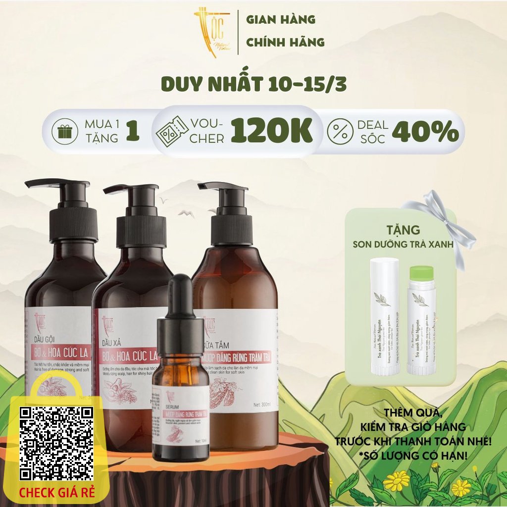 Combo tiet kiem TOC Natural Bo Dau goi xa Bo Hoa cuc la ma 300ml va Sua tam 300ml & Serum 10ml Muop dang tram tra