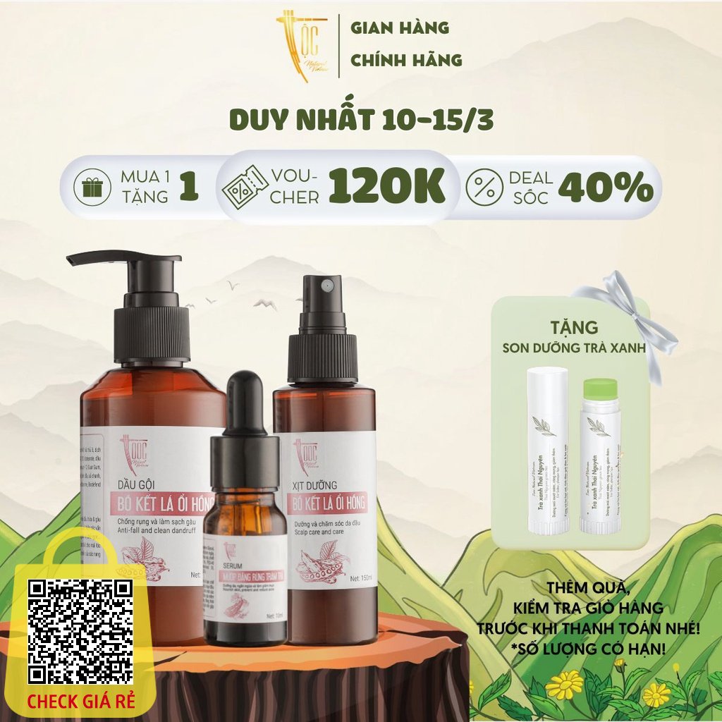 Combo Tiết kiệm TỘC Natural Bộ Dầu gội + Xịt dưỡng Bồ kết Lá ổi hồng & Sữa tắm + Serum Mướp đắng Tràm trà