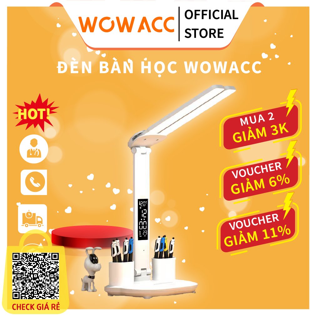 Đèn Bàn Học Đèn Bàn Làm Việc WOWACC Bảo Vệ Mắt Chống Mỏi Mắt Tích Hợp Đựng Bút Màn Hình LED Hiển Thị Ngày Giờ